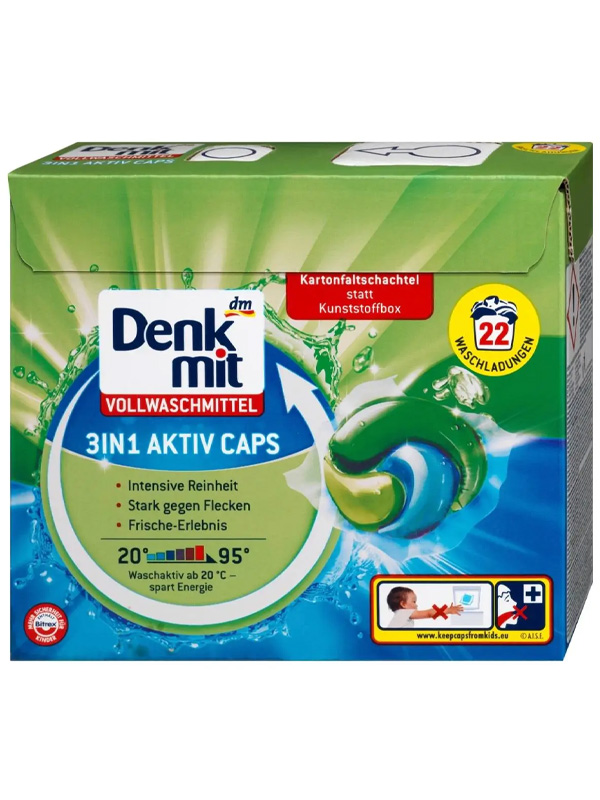 Капсулы для стирки белых вещей 3 в 1 Denkmit Aktiv Caps 22 шт
